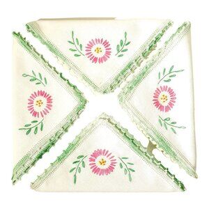 4 Embroidered Linen Napkins Green Crochet Edge Floral Farm Country Retro Vtg
